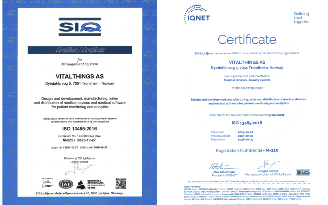 Vitalthings er ISO 13485:2016 sertifisert